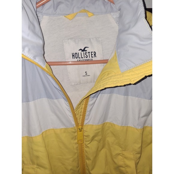 Hollister Women's Yellow White Cropped Hooded Full Zip Windbreaker Size Small - Picture 5 of 5